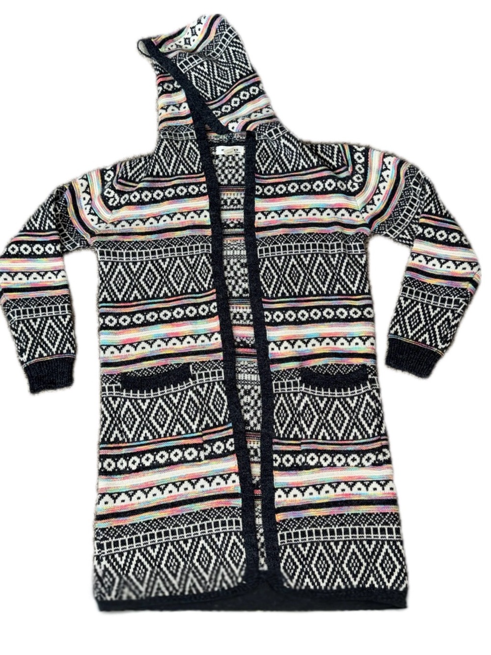 MONTEAU Anthropologie Fair Isle Hooded‎ Open Cardigan Boho Nordic Knit | Sz XS